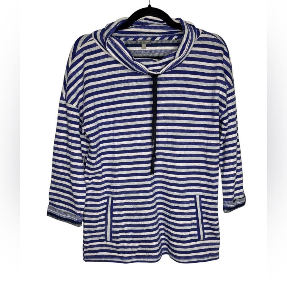 T by Talbots Blue Sstriped 3/4 Cuffed Sleeve Cowl Neck Cotton Sweater Blouse S